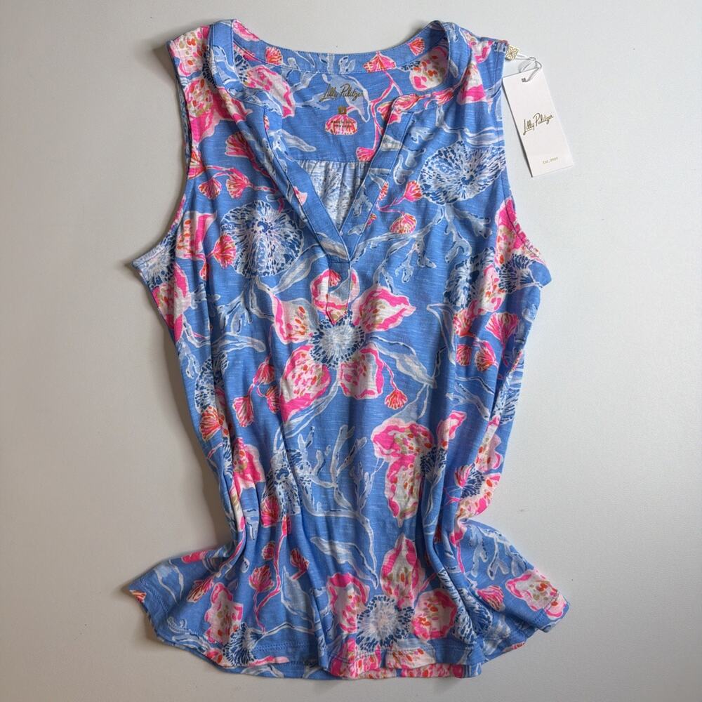 NWT Lilly Pulitzer Womens Small Blue Pink Dev Knit Tank Top Bahamian Rhapsody